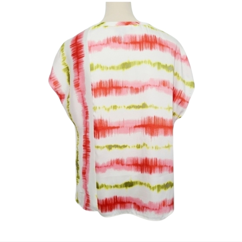 DKNY Tie Front Blouse Top Women’s M Red Green Abstract Stripe Short Sleeve - Picture 5 of 11